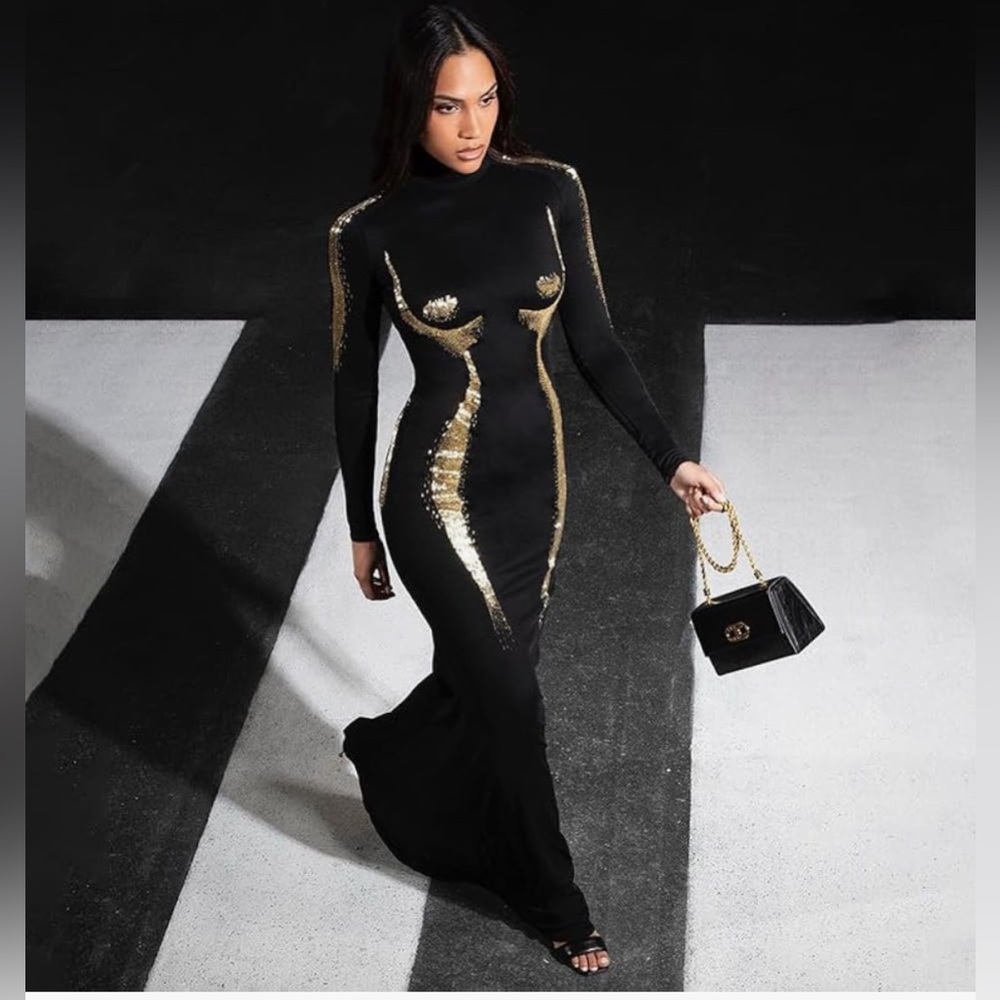 Micas Body Print Turtle Neck Langarm Maxikleid - Picture 2 of 9